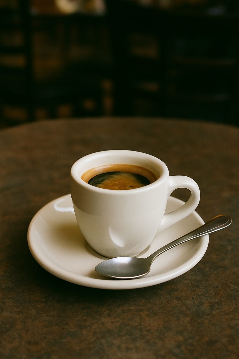 A white cup of Cuban espresso with a spoon on a saucer, on a dark table.