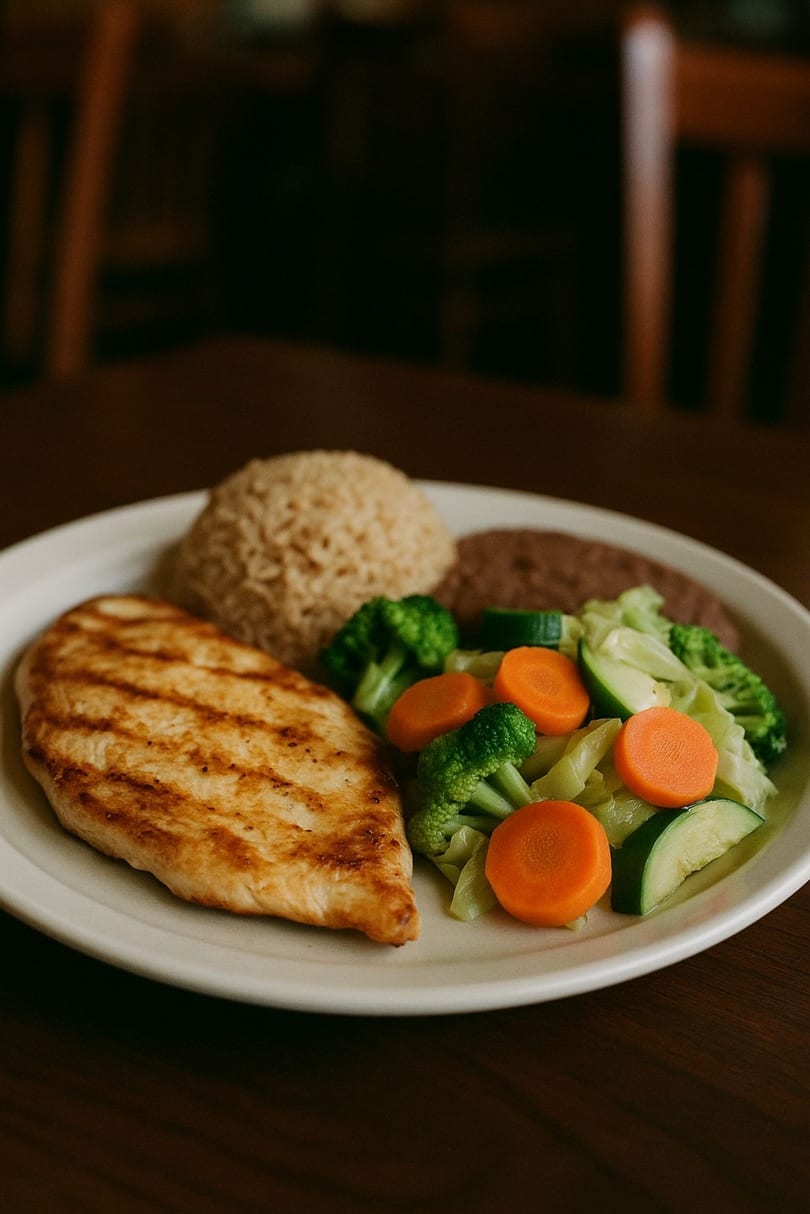 Grilled chicken breast, brown rice, refried beans, and steamed vegetables on a white plate.